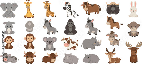 Cute safari and farm animals cartoon vector set with elephant, giraffe, zebra, cow, donkey, monkey, rhino, moose and rabbit characters for kids nursery design and educational illustrations