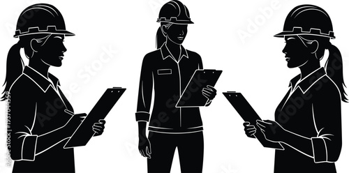 Female construction engineer silhouettes with clipboard, woman architect wearing safety helmet inspecting project plan, engineering worker concept vector illustration set