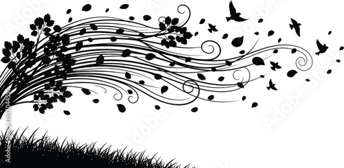 Stylized vector illustration depicting a tree losing its leaves in a windy autumn scene with birds flying, perfect for seasonal graphic design projects.