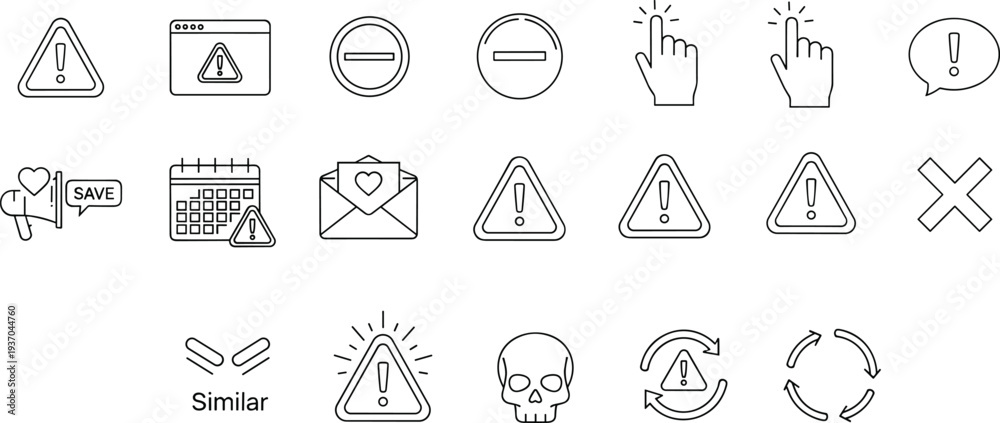 Fototapeta premium Warning and alert interface line icons vector set with caution triangles, error symbols, notification signs, skull danger icon and system warning indicators for UI design and security alerts