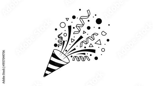 Stylized black and white party popper illustration exploding with festive confetti shapes and streamers for event decorations.