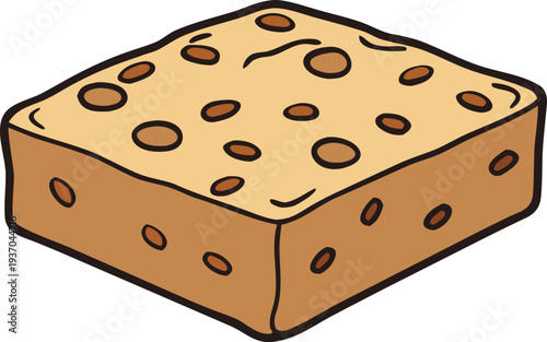 Flat vector illustration of a square loaf style cake with raisins or chocolate chips, including a sliced piece