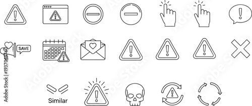 Warning and alert interface line icons vector set with caution triangles, error symbols, notification signs, skull danger icon and system warning indicators for UI design and security alerts