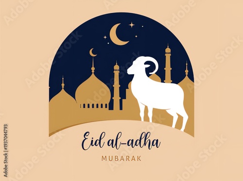 Eid Al Adha festival. Greeting card with sacrificial sheep and crescent on cloudy night background. Eid Mubarak theme. Vector illustration