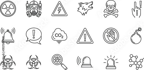 Danger and hazard warning line icons vector set with radiation symbol, biohazard, toxic gas mask, skull, alarm siren and safety warning signs for industrial risk and emergency alerts