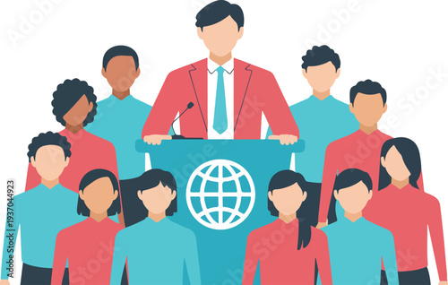 Minimalist hand drawn line art vector of a public speaker at a podium addressing a diverse crowd of people.