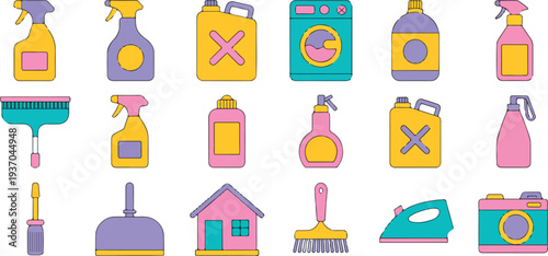 Flat vector illustration collection of household cleaning supplies including detergents, mop, iron, spray bottles, washing machine, and home care accessories