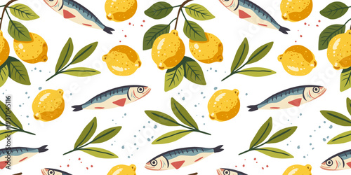 Seamless Mediterranean pattern with lemons, sardines and olive branches in flat retro vector. Coastal Italian repeat design for textile, wrapping paper, wallpaper, kitchen print and summer decor