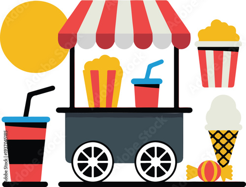 Minimalist hand drawn line art vector of a street food snack cart with popcorn ice cream and soda.