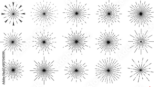 Abstract starburst line icons vector set with radial sunburst shapes, vintage sparkle rays collection for retro badges, fireworks effects, decorative design elements and festive backgrounds