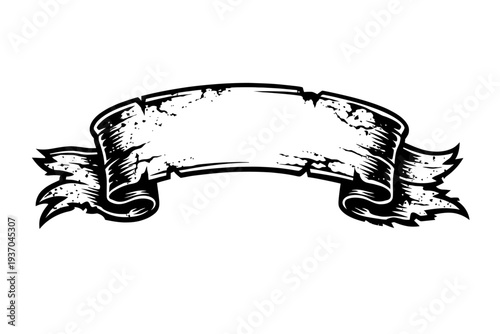 Distressed vintage scroll banner, black and white grunge texture, torn edges, ideal for retro design, antique labels, decorative frames, text, historical graphics, adding timeless aesthetic to project