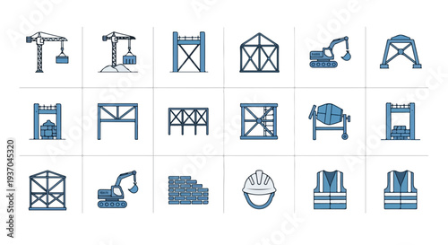 This vector image showcases a collection of 18 blue-toned outline icons representing various construction equipment, structural elements, safety gear, and building materials.