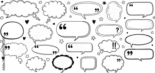 Hand drawn speech bubble doodle vector set with comic dialogue clouds, quote boxes and message balloons, sketch style communication elements for comics, social media, stickers and design
