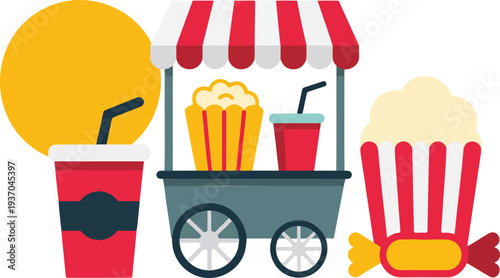 Minimalist hand drawn line art vector of a street food snack cart with popcorn ice cream and soda.