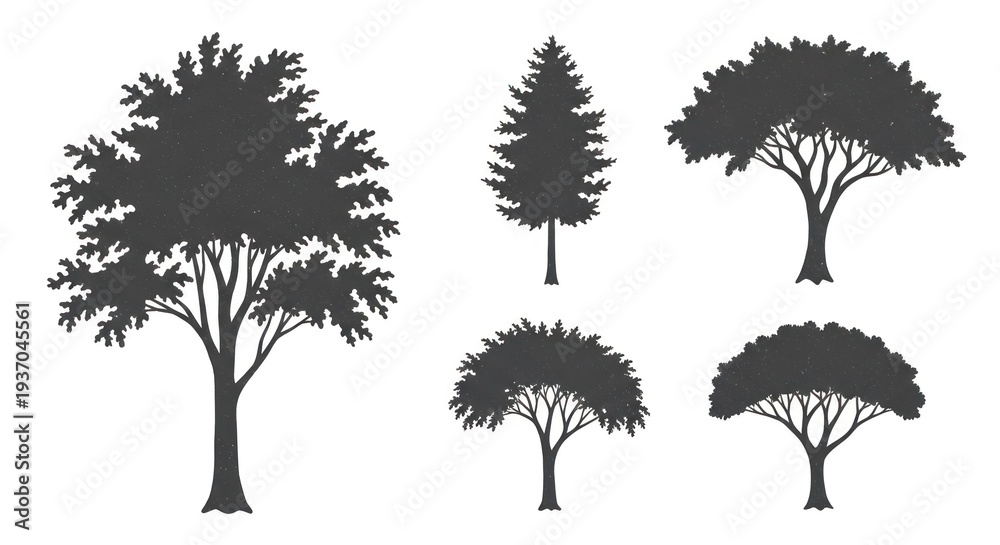 Fototapeta premium Silhouette collection of various tree types on a plain white background for design
