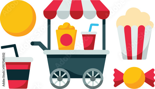 Minimalist hand drawn line art vector of a street food snack cart with popcorn ice cream and soda.