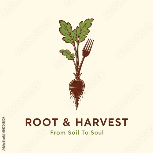 Root and Harvest Logo with Beet and Fork Symbolizing Farm to Table.