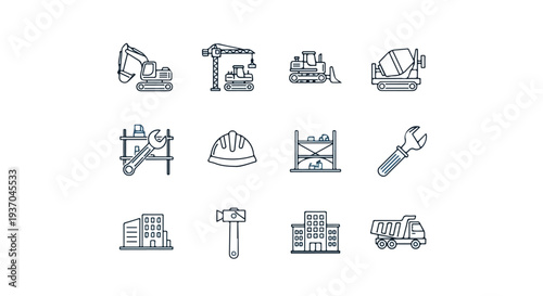 A collection of outlined vector icons depicting various construction machinery, tools, safety gear, and buildings, set on a white background.