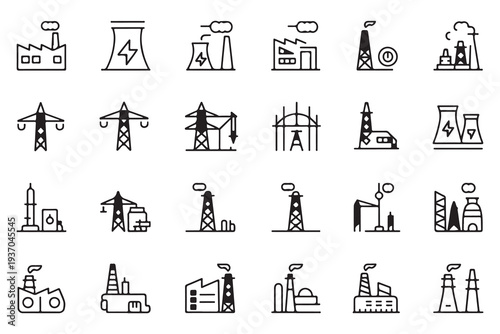Industrial Facilities and Energy Production Line Icons. Vector set illustrating factories, power plants, and oil rigs.