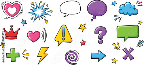 Colorful comic style doodle elements vector set with speech bubbles, hearts, crown, lightning bolt, arrows and symbols, playful pop art icons collection for stickers, social media and design