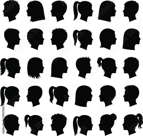 Silhouette collection of human head profiles, diverse hairstyles, male female figures, black vector illustration, fashion design, character modeling element