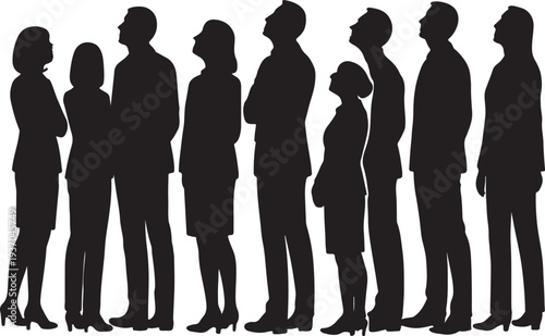 a group of standing business people, looking up, back view, profile, black color isolated on white background