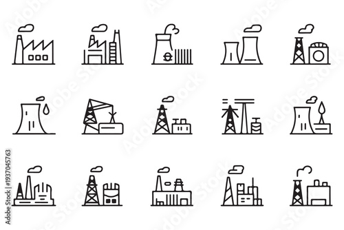 Diverse Industrial and Manufacturing Line Icons. Vector illustrations of factories, power stations, and industrial complexes.