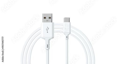 White USB-C to USB-A Cable, Modern Technology Connection, Isolated on White Background