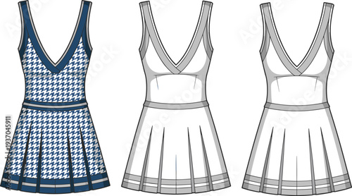 Three Tennis Dresses with Blue and White Patterns Featuring V- Neck and Pleated Skirt blue dress white dress