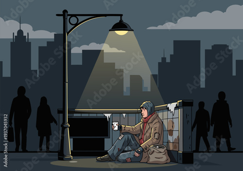 Urban poverty vector illustration A solitary homeless person sits under a streetlamp at night in a desolate city, reflecting social issues and isolation in a stylized pixel art form