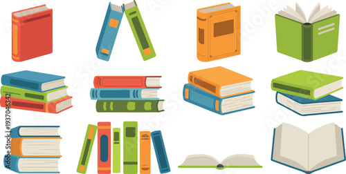 Colorful books and textbooks collection vector set with open and closed volumes for education, reading, and learning illustration