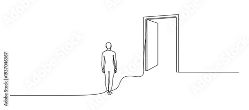 One line drawing of person looking at open door, vector concept of new beginning