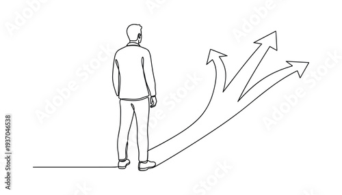 One line drawing of man standing in front of multiple arrows, vector concept