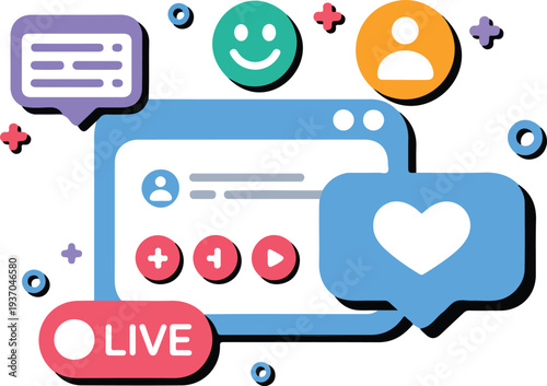 Social Media Interface with Live Button Chat Bubbles and Reaction Icons Flat Vector Illustration