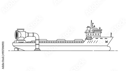 Dredger Vessel Outline: A meticulously crafted monochrome outline of a dredger vessel, highlighting its unique design, powerful machinery, and functionality. 
