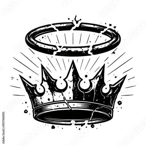 Distressed grunge crown and shattered halo vector art. Black and white illustration with gritty ink splatters, representing fallen royalty, broken divinity, and rebellious power. An edgy, symbolic des