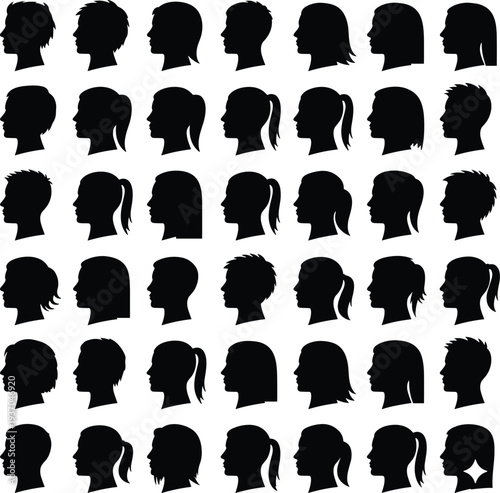 Silhouette collection of human head profiles, male female faces, hairstyle variations, black icons, pattern recognition, psychology illustration design