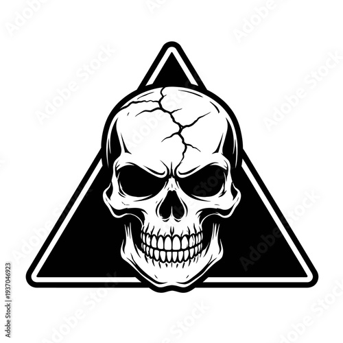 Gritty Black and White Cracked Skull Design Centered Within a Bold Triangular Frame, a Striking Vector Illustration Capturing Themes of Danger, Rebellion, and Gothic Aesthetics. Ideal for T-shirts, Lo