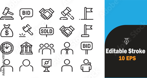 A collection of thin line icons representing auction concepts and business elements on a transparent background