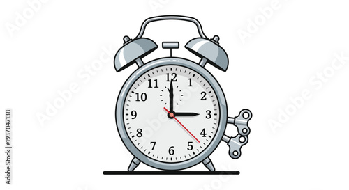 Retro Alarm Clock with Wind-Up Key, Vintage Timepiece Illustration