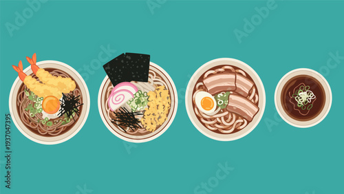 Vibrant vector illustration of popular Japanese noodle dishes. Includes ramen, udon, soba bowls with diverse toppings, depicted in a modern flat design