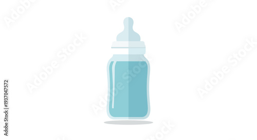 Baby feeding bottle with blue liquid and white nipple on white background