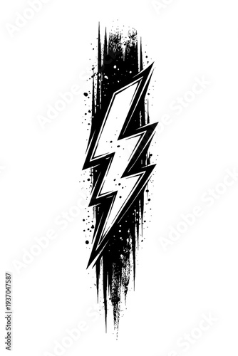 Dynamic Black & White Grunge Lightning Bolt Graphic: Stylized thunderbolt with aggressive brush strokes, paint splatters, and distressed textures. Perfect for edgy streetwear, rock, energetic branding