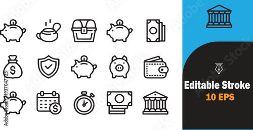Set of editable stroke icons for financial and banking concepts illustration
