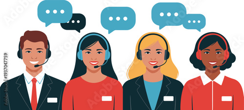 Minimalist hand drawn line art vector of a diverse professional team with headsets and speech bubbles for support.
