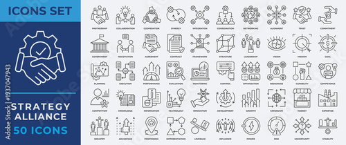 Strategy Alliance icon set. Containing partnership, collaboration, cooperation, synergy, integration, coordination, networking, alignment, trust and more. Line vector icons collection
