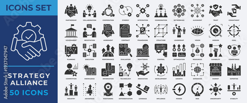 Strategy Alliance icon set. Containing partnership, collaboration, cooperation, synergy, integration, coordination, networking, alignment, trust and more. Solid Glyph vector icons collection