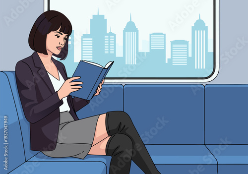 Modern professional woman commuting by train, engrossed in a book, against a city backdrop, presented as a detailed vector illustration