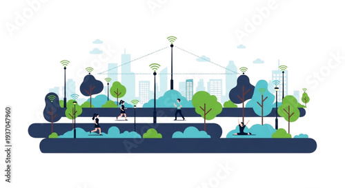 Vibrant City Park Scene with Diverse Individuals Enjoying Outdoor Exercise and Wellness Activities Amidst Urban Greenery