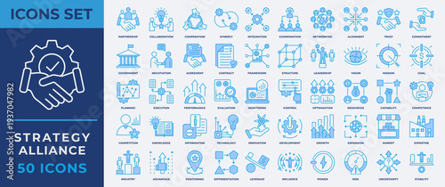 Strategy Alliance icon set. Containing partnership, collaboration, cooperation, synergy, integration, coordination, networking, alignment, trust and more. Blue line vector icons collection